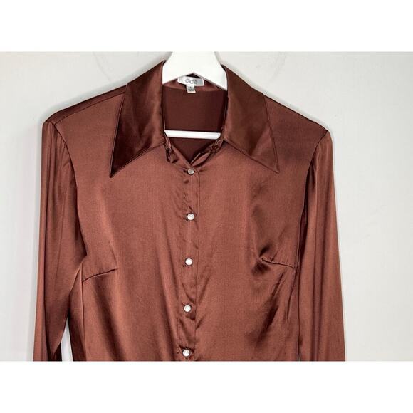 Cache Y2K Silk Long Sleeve Collared Pearl Snap Satin Button-Up Shirt Brown Small - Picture 3 of 8